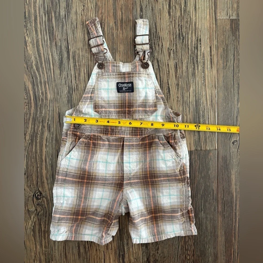 OshKosh B’gosh Vestbak Bib Overall Shorts 24 Months Plaid Shortalls Brown Multi